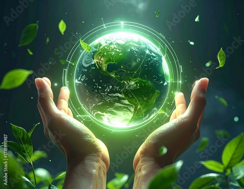 Hand holding green leaf and earth symbolizing global connection and technology