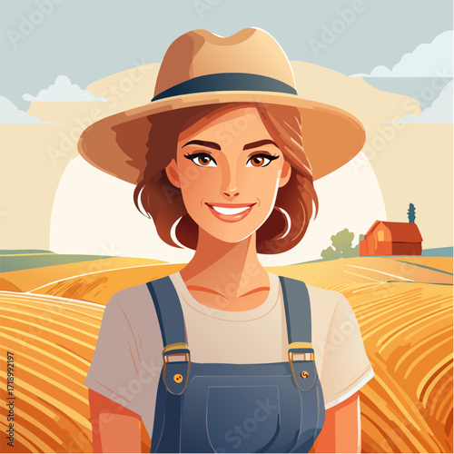 Portret uśmiechniętej rolniczki na polu złotego zboża. Koncepcja rolnictwa ekologicznego i lokalnej żywności.