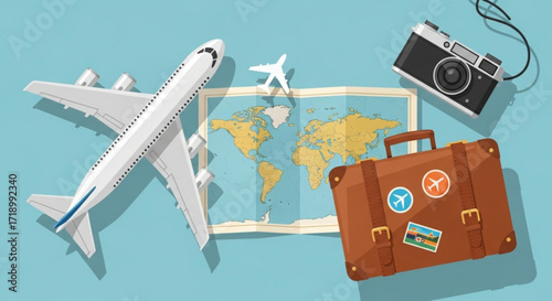 Travel the world with airplane map camera and suitcase for vacation and adventure tourism planning concept