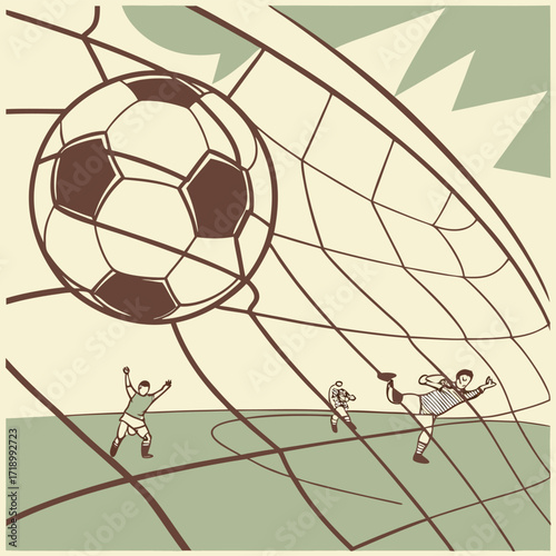 Soccer Goal Moment: A dynamic illustration of a soccer goal with a ball hurtling towards the net, and a player's triumphant kick amidst cheering teammates and the backdrop of the field.