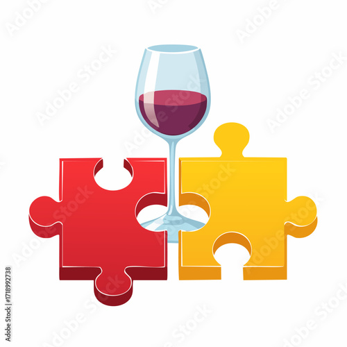Koncepcja idealnego dopasowania smaków. Kieliszek wina i puzzle jako symbol perfekcyjnego połączenia i degustacji.
