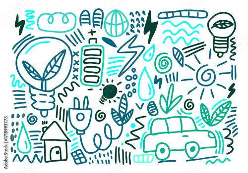 doodle illustration representing eco-friendly energy and sustainability concepts
