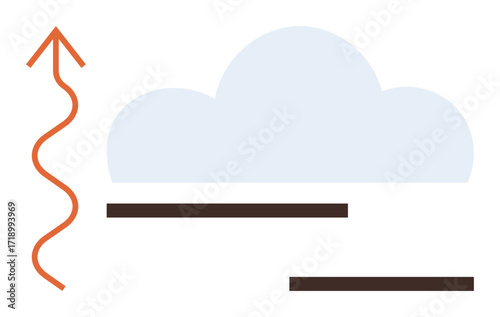 Cloud icon with horizontal lines and orange upward arrow symbolizes airflow, weather patterns, environmental processes. Ideal for science, meteorology, sustainability, education, technology, energy