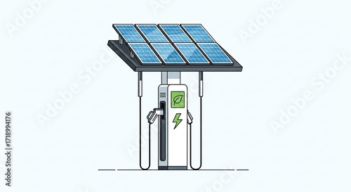Solar-powered electric vehicle charging station providing renewable green energy for sustainable transportation. Eco-friendly EV charger concept