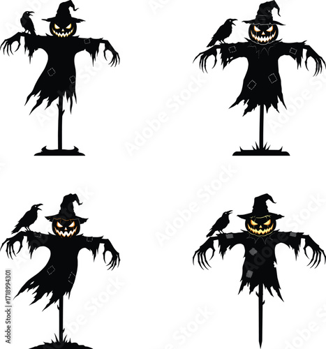 Four spooky silhouette scarecrows with crows halloween decor graphics art