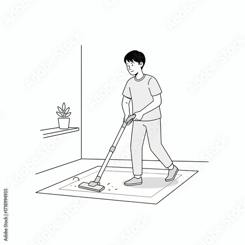 A clean minimalist vector illustration of a person cleaning the house with a vacuum cleaner.