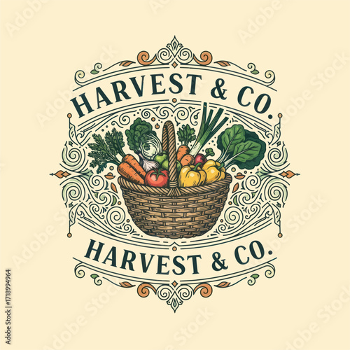 Vintage logo for Harvest & Co. featuring a wicker basket full of fresh, colorful vegetables, surrounded by ornate scrollwork.