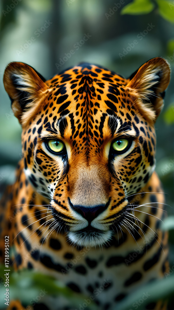 Obraz premium A close up portrait of a leopard with striking green eyes amidst a blurred green background scene
