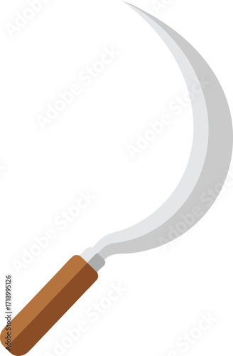 A classic sickle with a sharp curved metal blade and wooden handle, used for agricultural harvesting, grass cutting, and gardening—ideal for farming equipment visuals, and rural industry themes