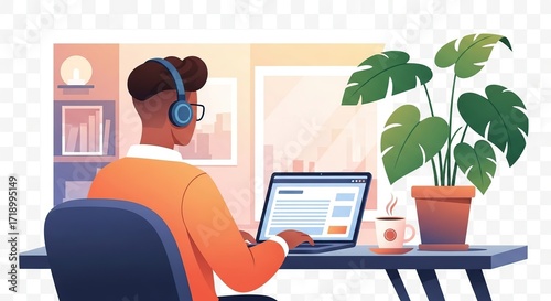 Vector illustration of a Black man with headphones working remotely on a laptop in a modern home office with a city view