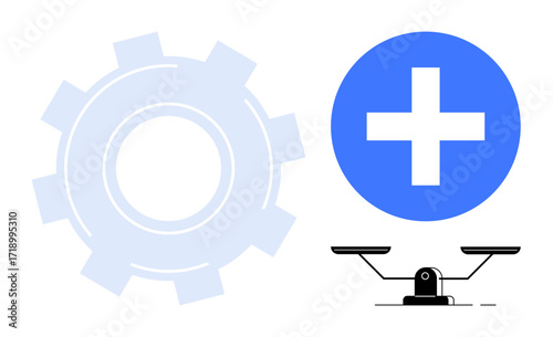 Gear for process, blue plus symbol for growth, balance scale for fairness in teamwork, and improvement. Ideal for innovation, collaboration, balance, productivity, equality strategy simple flat
