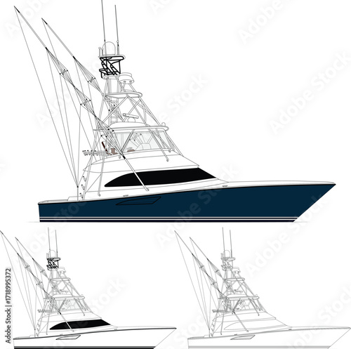 Sport fishing boat vector, line art, illustration, and one color.