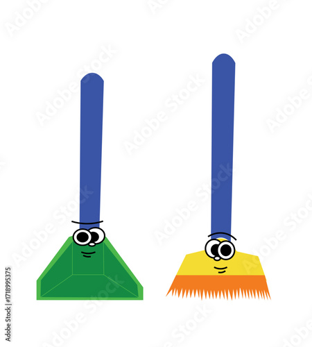 Cute Cartoon Dustpan and Brush Characters with Googly Eyes and Friendly Faces