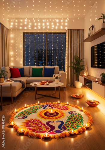 Modern living room decorated for Diwali with hanging fairy lights, rangoli design on the floor and lit diya lamps