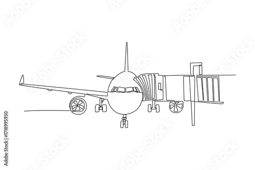 Continues line of airplane docked at airport gate Single line drawing vector graphic design illustration
