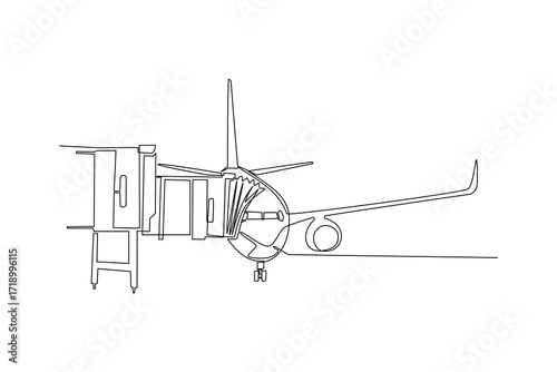 Continues line of airplane boarding with passenger bridge Single line drawing vector graphic design illustration