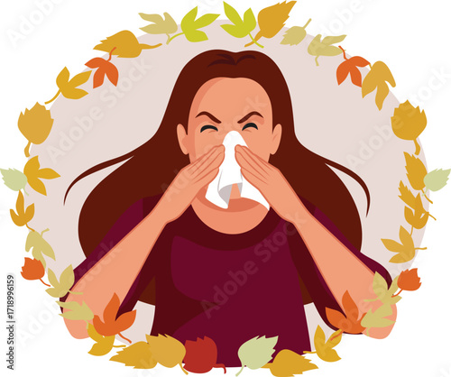 Unwell Woman Suffering from Autumn Allergies Vector Character. Unwell person feeling bad due to ragweed and other type of fall allergens 