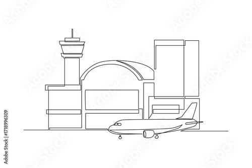 Continues line of airport terminal building with control tower Single line drawing vector graphic design illustration