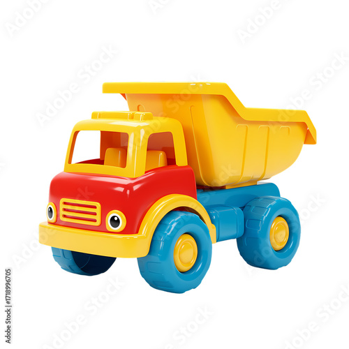 Vibrant Red and Yellow Toy Dump Truck: A Colorful Children's Play Vehicle