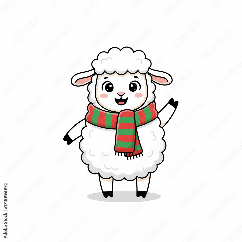 Fototapeta premium Adorable cartoon sheep wearing a festive red and green striped scarf, waving hello and spreading holiday cheer
