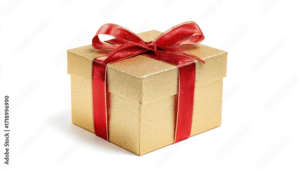 Fototapeta premium Gold gift box with red ribbon bow, isolated on white
