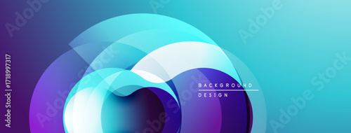 Abstract design features overlapping translucent circles. Gradient blends purple, blue hues creating dynamic visual effect. Minimalist style.