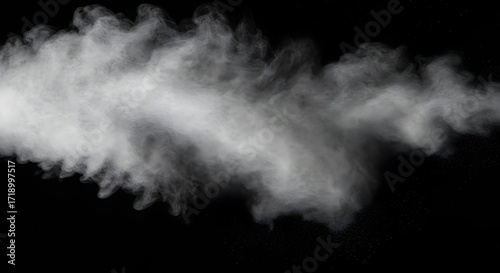 Dramatic white cloud of smoke against a stark black background, perfect for visual effects, abstract designs, and atmospheric overlays creating mystery