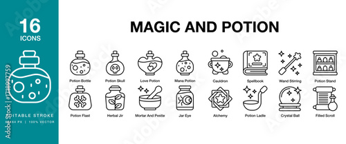 Magic And Potion icon set. Includes magic, potion, fantasy, poison, halloween and More. Editable Stroke Icon Collection.