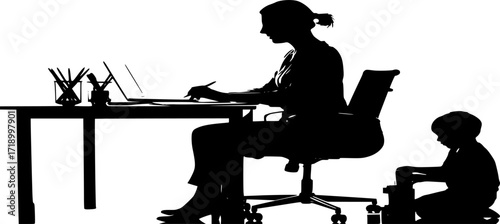 mother Working While Child Plays Nearby Silhouette
