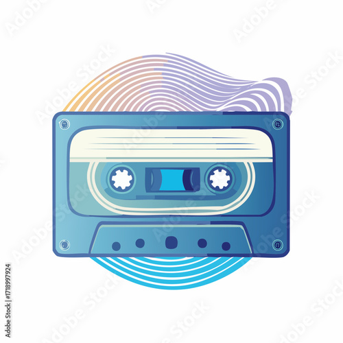 A vibrant blue retro cassette tape with abstract wavy lines in the background, symbolizing vintage music and audio recording.