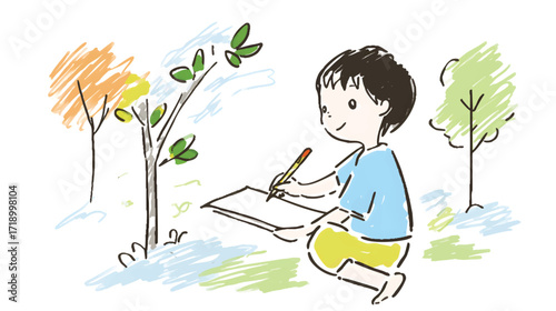 Child drawing in nature