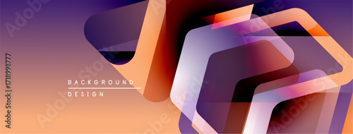 Abstract geometric shapes overlap, creating vibrant gradient background. Orange, purple hues dominate design. Modern aesthetic.