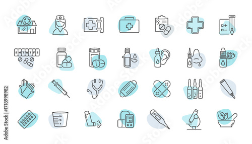 Medical pharmacy line icon set.  First aid, prescription drugs, pill bottles, ear drops, nasal spray minimal vector illustrations. Simple outline signs for healthcare treatment. Editable Stroke