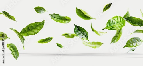 Vibrant green leaves float against a clean white backdrop, creating a sense of airy lightness and natural freshness