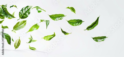Vibrant green leaves float against a stark white backdrop, creating a dynamic and airy composition