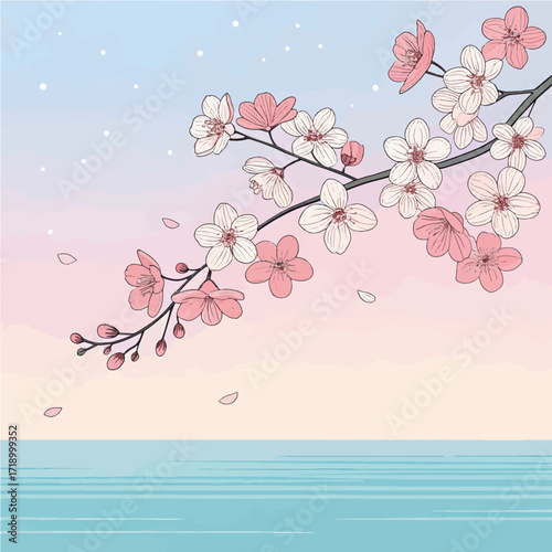 Blossom Horizon, spring blossom vector, minimalist sakura art, pastel floral illustration, soft petal, blooming spring design, visual, majestic, spectacular, display, expression, fantastic, stunning