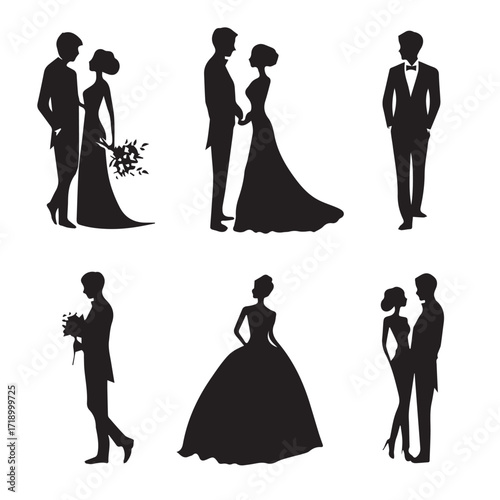 Elegant bride and groom silhouette set for wedding invitations and decorations isolated on white background