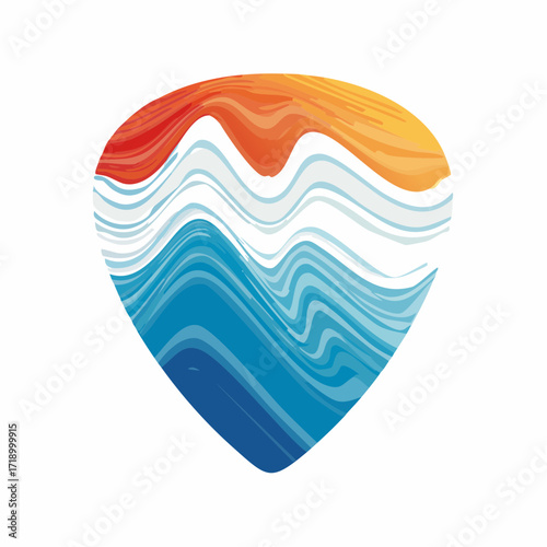 Colorful abstract guitar pick design with wavy patterns in orange, red, blue, and white.