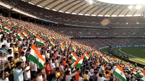 patriotic indian crowd waving flags in stadium