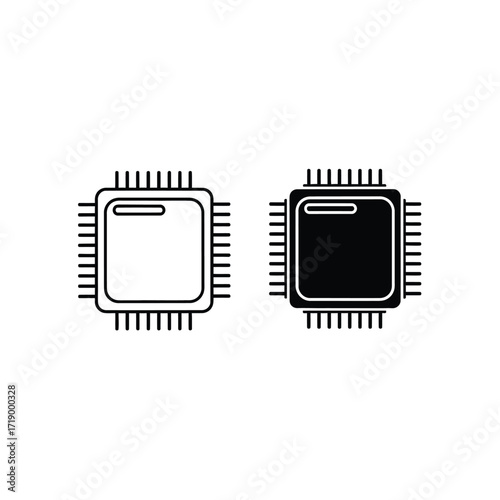 Processor Chip Icon Set - Outline and Solid Style
