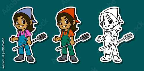 Girl gardener wearing a bandana holding a pitchfork Sticker Illustration
