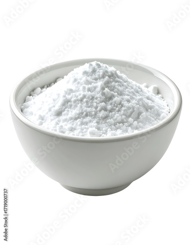 White powder in a small, shallow, white bowl.  The powder is fine-grained and fills most of the bowl