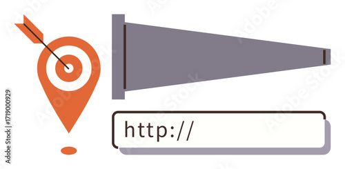Orange location pin with target and arrow combined with megaphone and http bar. Ideal for digital marketing, online advertising, SEO, brand promotion, communication, target audience, analytics