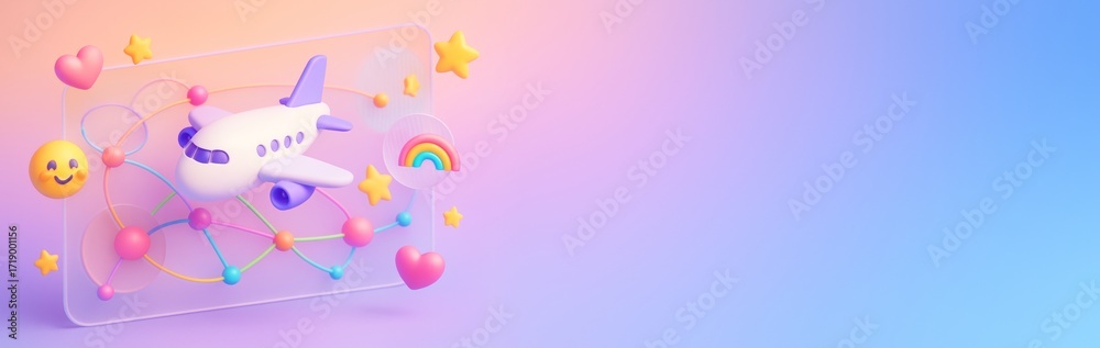 Fototapeta premium Colorful airplane with happy elements and rainbow on pastel background with copy space for travel poster, banner, or design template. Ai generative