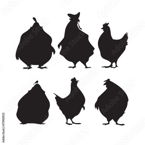 Diverse collection of plus size female figures in various poses presented as black and white silhouettes isolated on white background