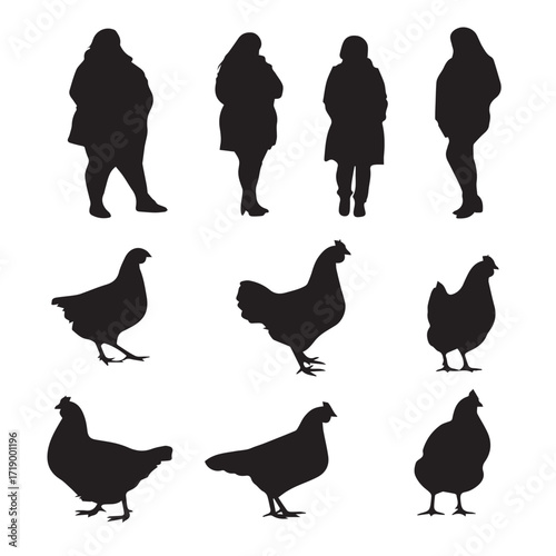 Collection of diverse plus size women silhouettes in various poses isolated on white background