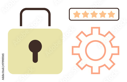 Padlock symbolizes security, star rating represents quality, and gear denotes process optimization. Ideal for security, reliability, customer satisfaction, service rating, trust, system settings