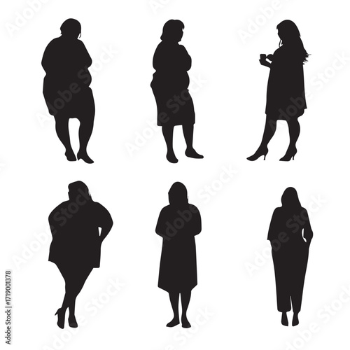 Collection of diverse fat woman silhouettes in various poses isolated on white background