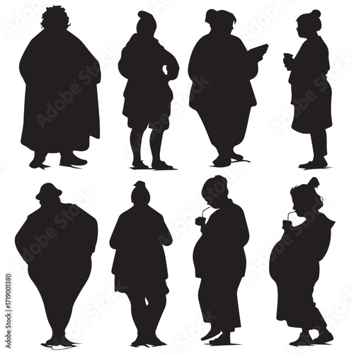 Collection of diverse plus size female figures in silhouette poses isolated on white background