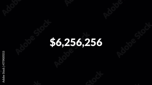 Dollar counter animation from 0 to 10,000,000 numbers on a transparent background, Animated Dollar Numbers from zero to ten million with alpha channel, USD counting animation one crore in 4k.